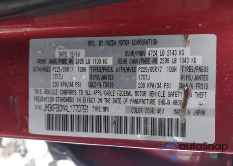 2020 Mazda Cx-5 Touring z USA, uszkodzony, nr VIN JM3KFBCM4L1770791